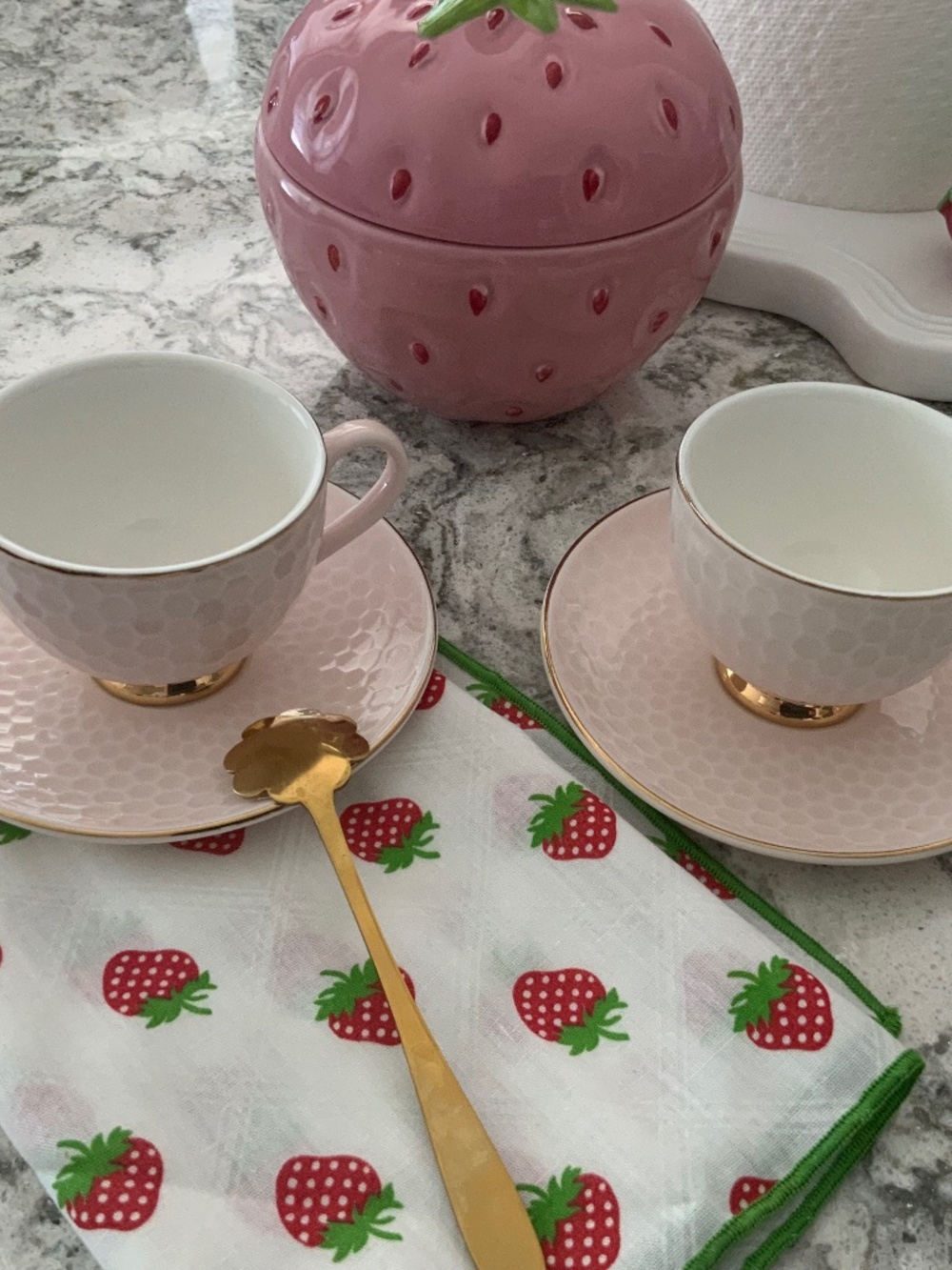 Pink & Gold Honeycomb Teacup & Saucer Set – 2 Place Settings